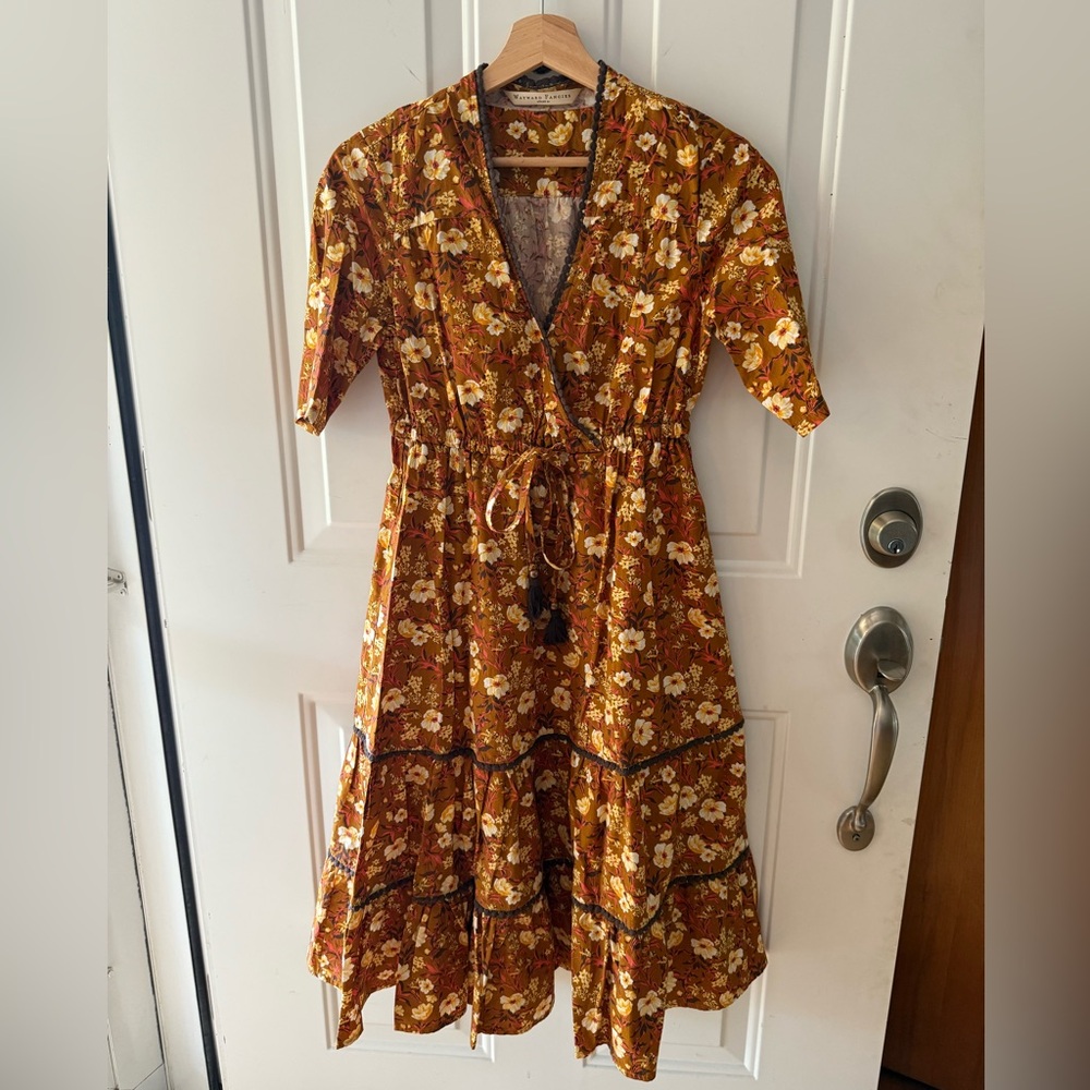 eShakti Wayward Fancies Tassel Tie Floral Print Surplice Midi Dress